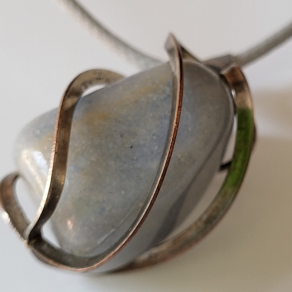 Vintage Caged in Silver Tone Metal Pale Blue Green Stone Pendant Necklace - Picture 10 of 17